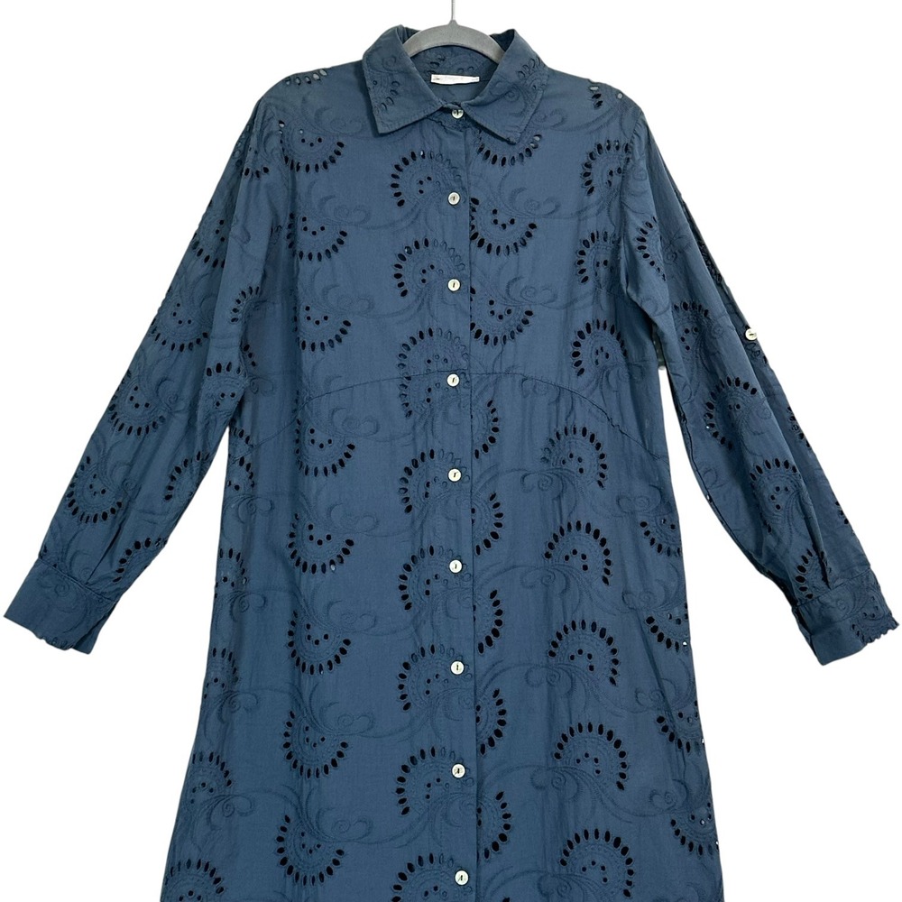 Italian Cotton Eyelet Shirt Dress Blue Embroidered Tunic Long Sleeve L - Picture 2 of 11